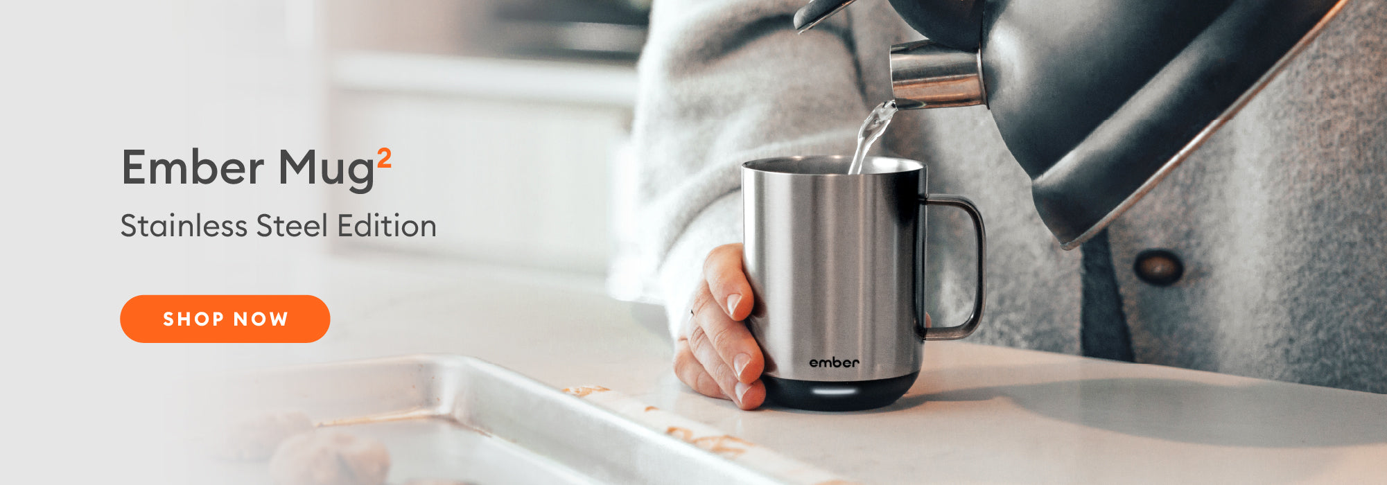 Hot water is being poured into an Ember Mug² Stainless Steel Edition.