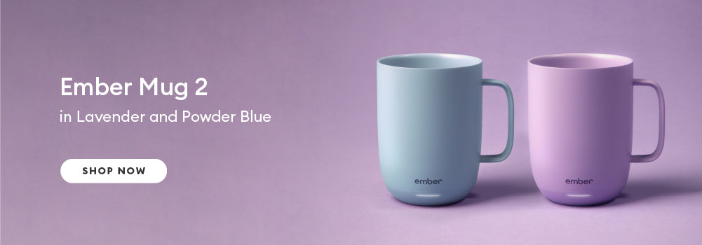 Ember Mug2 14 oz in Lavender and Powder Blue sitting side by side.