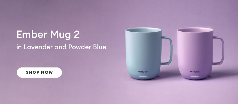 Ember Mug2 14 oz in Lavender and Powder Blue sitting side by side.