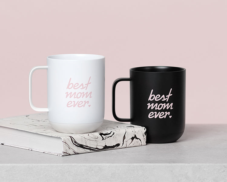 White and Black Ember Mug with "best mom ever." written in cursive text on the side of both mugs.